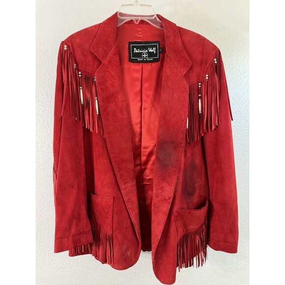 Patricia Wolf Pig Suede Red Leather Jacket Fringe Beads Western Cowgirl DEFECTS - Picture 1 of 16